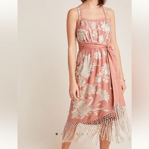 Anthropologie Embroidered Fringe Faux Wrap Dress